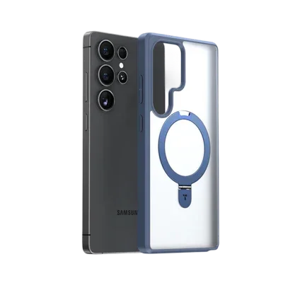 TORRAS Ostand Q1 Guardian Samsung S25 Ultra case with blue magnetic stand.