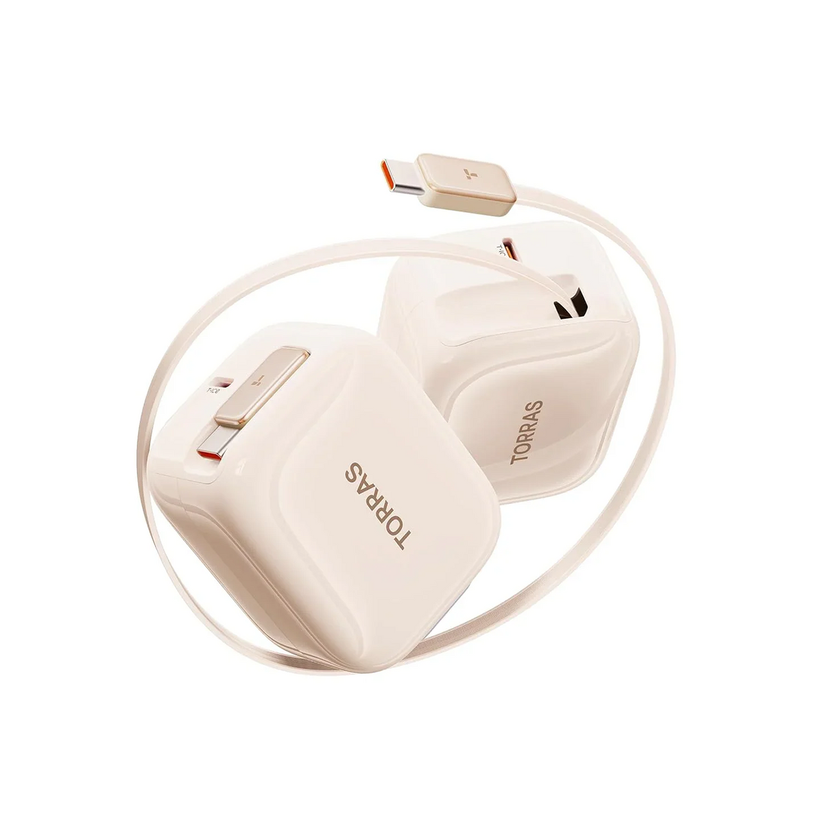 TORRAS FlexLine 40W white charger with retractable plug, USB-C port, and T·ICE tech.