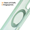 TORRAS Ostand O3 Fitness magnetic iPhone 16 case, light green, with '0 Fingerprints' text & magnetic ring.