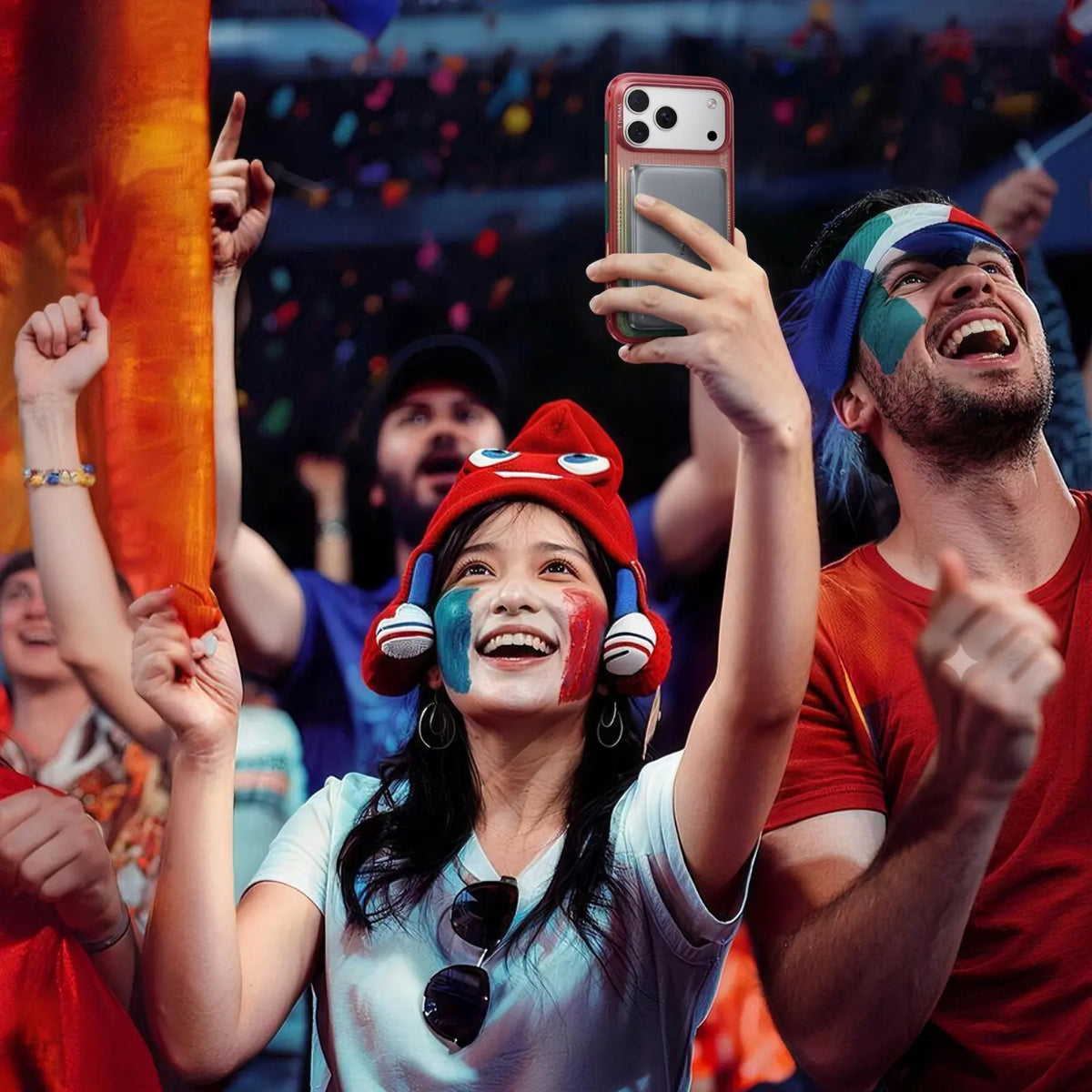 TORRAS MiniMag Pro magnetic stand case on iPhone, powering fan event lifestyle.