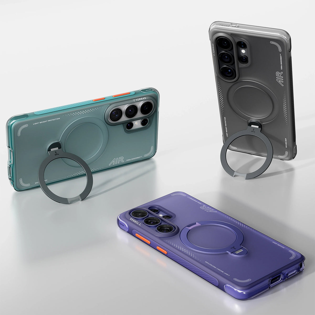 Three TORRAS Ostand Q3 Air cases (purple, teal, grey) for Samsung S26 Ultra with ring stand.