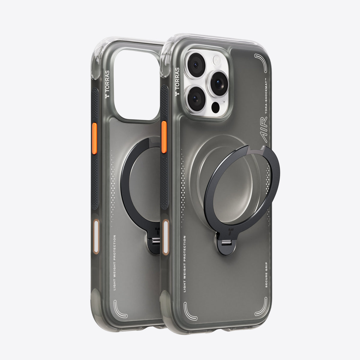 TORRAS Ostand Q3 Air smoky gray case with magnetic ring stand for iPhone 16 Pro Max.
