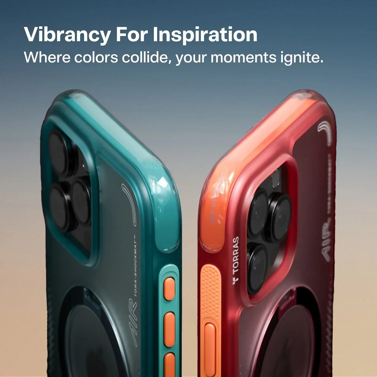 Teal & red TORRAS Ostand Q3 Air MagSafe iPhone 15 Pro Max cases with magnetic ring.