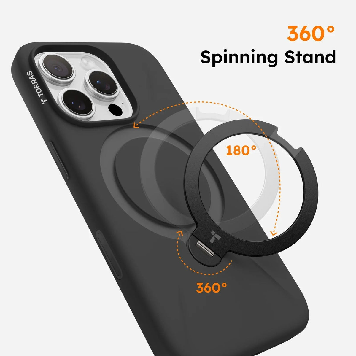 TORRAS Ostand Q3 black silicone case for iPhone 16 Pro Max with 360° spinning stand.