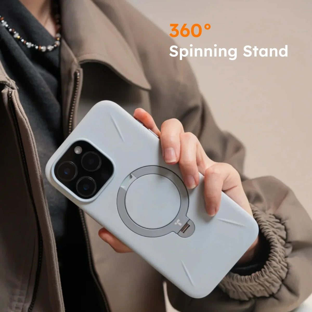 TORRAS Ostand Q3 silicone iPhone 16 Pro Max case with 360° spinning stand.