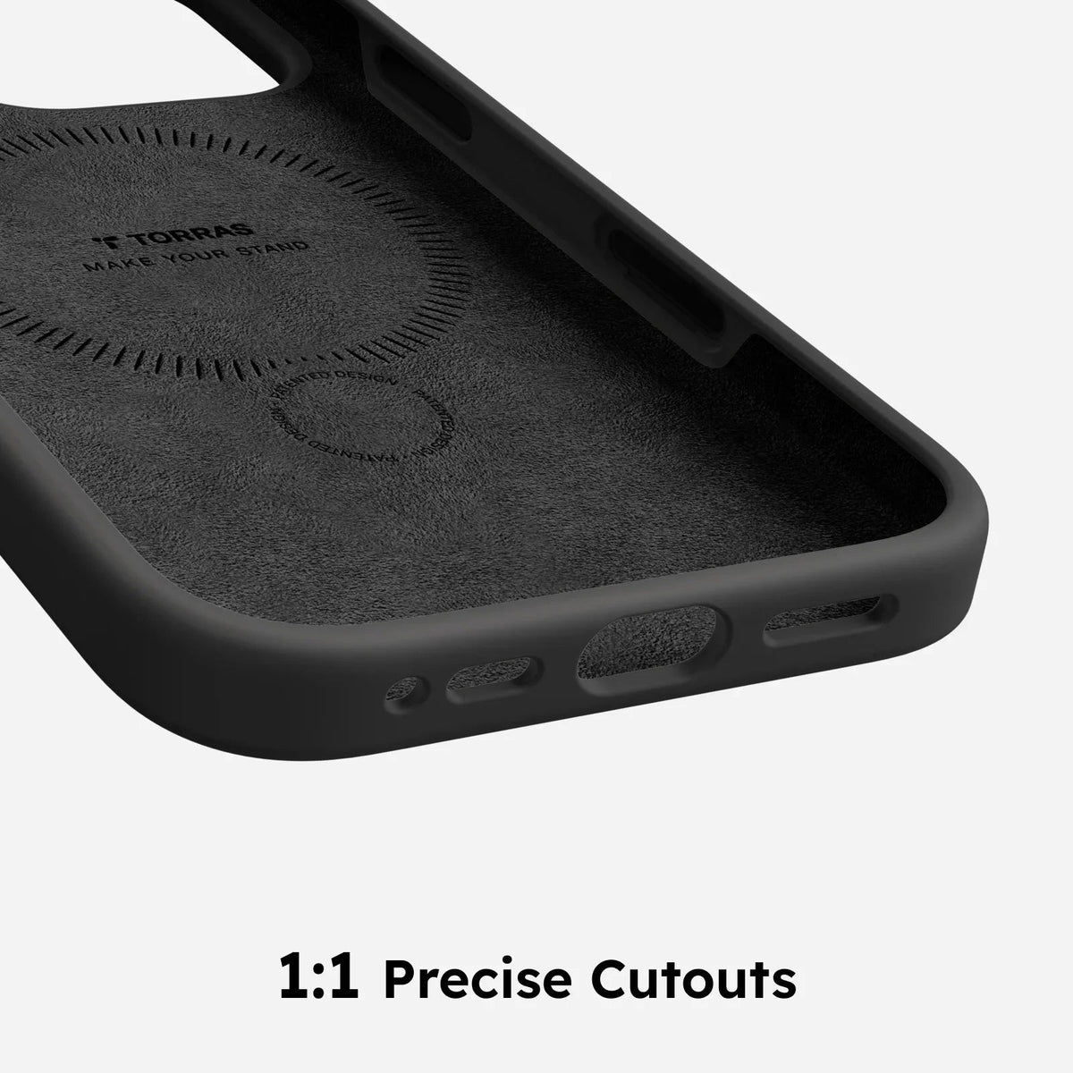 TORRAS Ostand Q3 black silicone iPhone 16 Pro Max case interior showing magnetic alignment & precise cutouts.