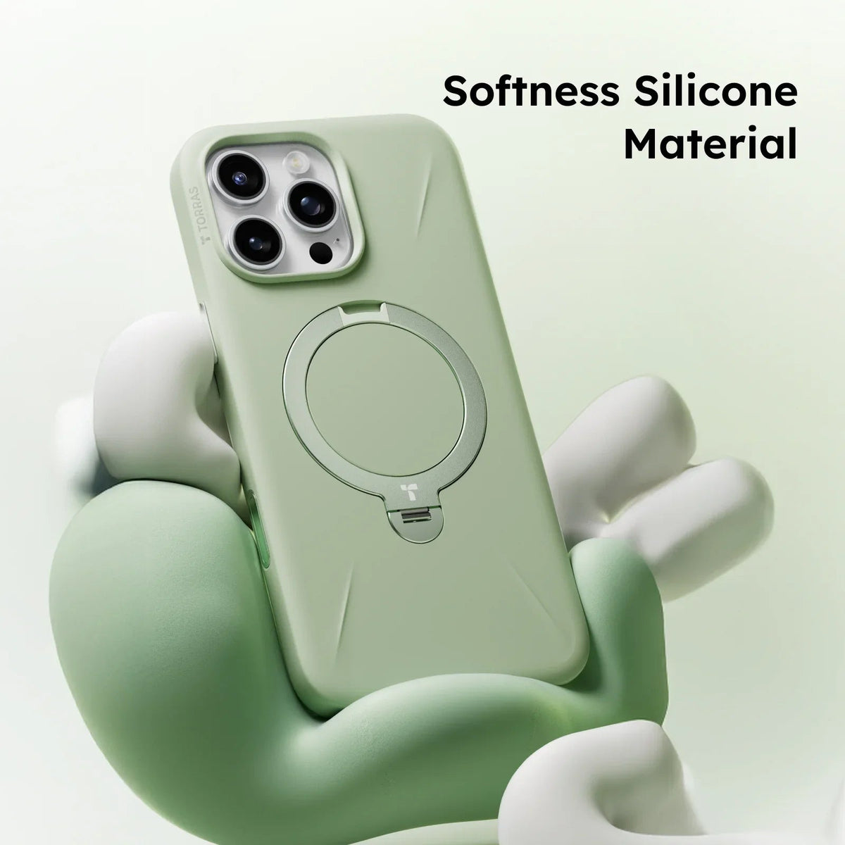 TORRAS Ostand Q3 light green silicone case for iPhone 16 Pro Max with magnetic stand