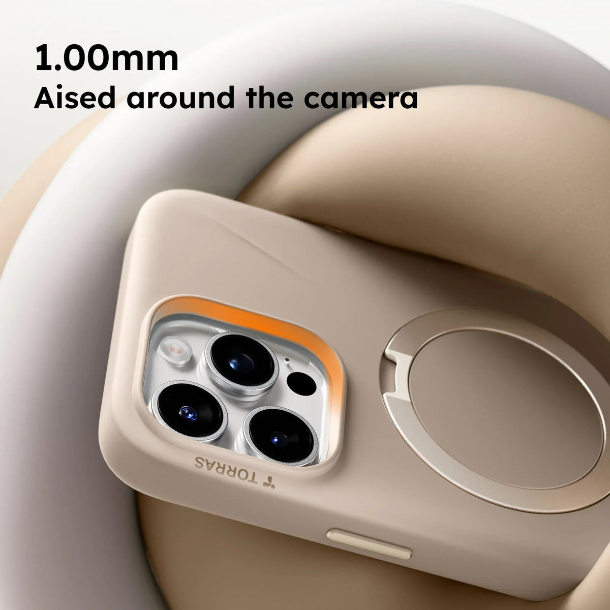 TORRAS Ostand Q3 beige silicone case for iPhone 16 Pro Max with 1.00mm raised camera protection and magnetic stand