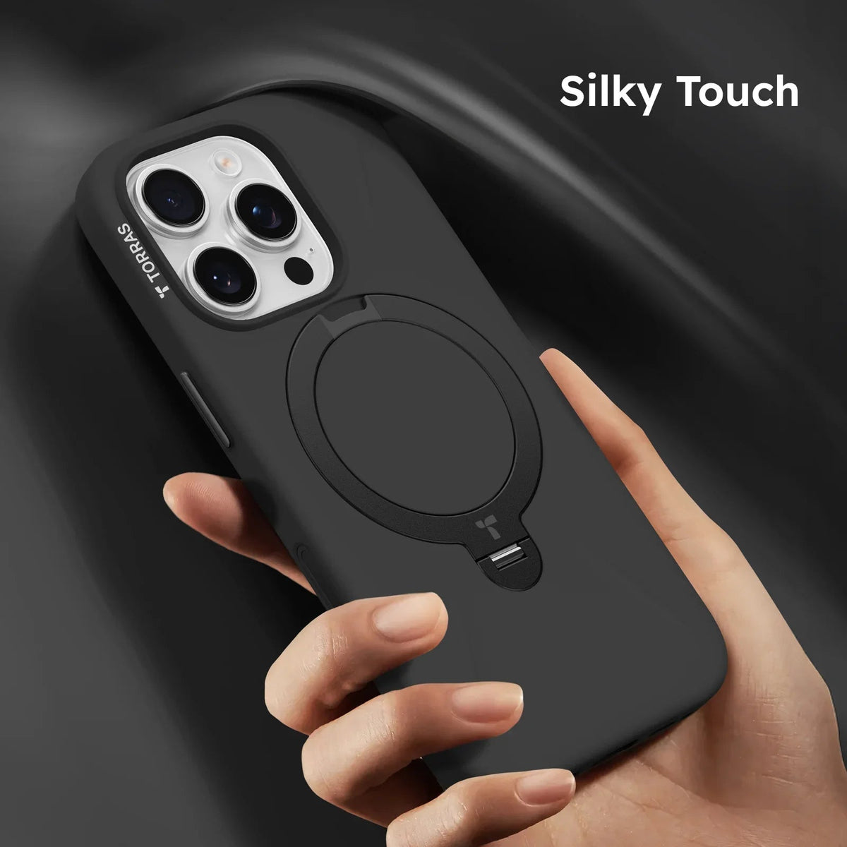 TORRAS Ostand Q3 silicone case for iPhone 16 Pro Max with magnetic stand, black, silky touch.