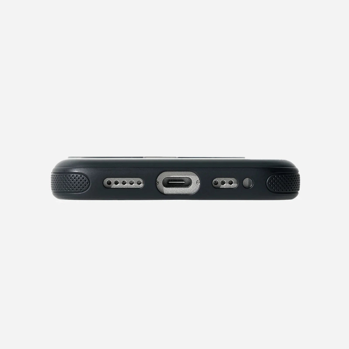 TORRAS Ostand O3 Fitness iPhone 16e/17e case bottom with USB-C port, speaker grilles.