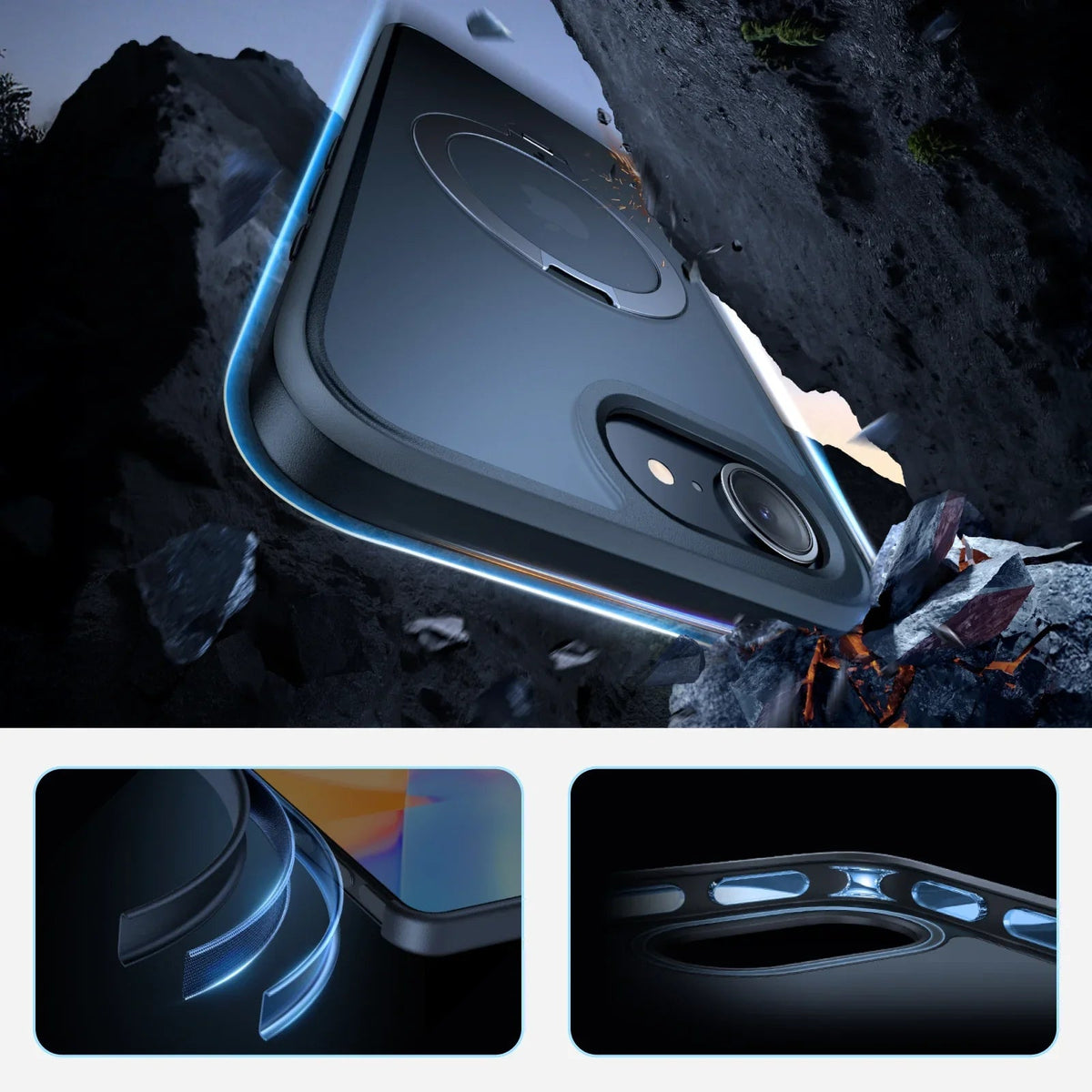 TORRAS Ostand Q3 Spin iPhone 16e/17e case with magnetic stand and drop protection.