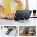 Dark blue TORRAS Ostand Q3 Spin case for iPhone 16e/17e with magnetic ring stand.