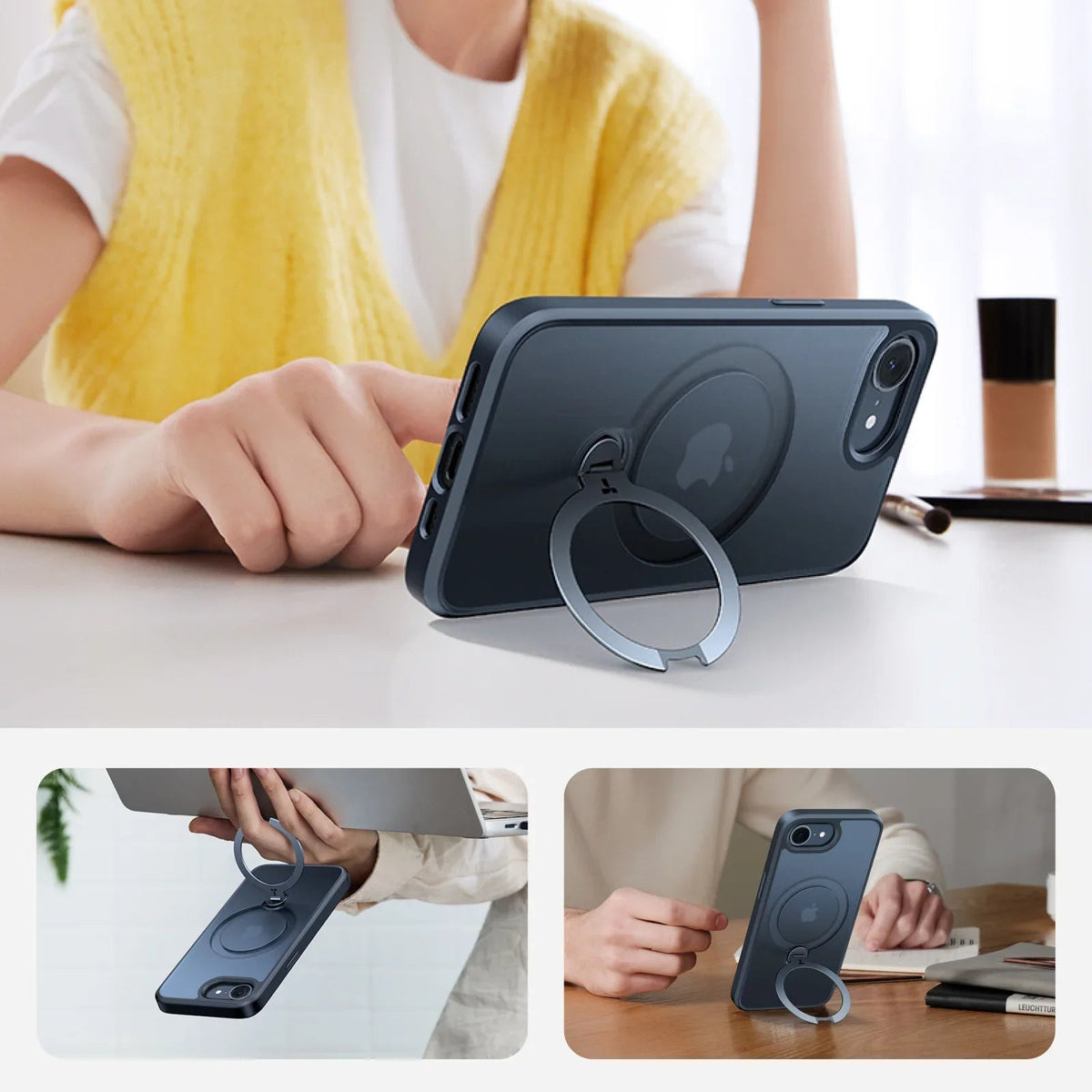Dark blue TORRAS Ostand Q3 Spin case for iPhone 16e/17e with magnetic ring stand.