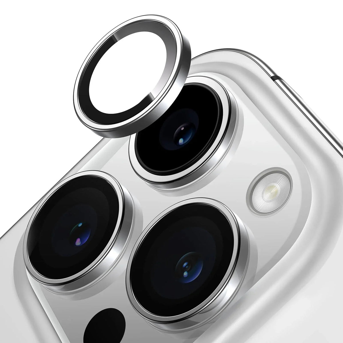 Silver Lensguard camera protectors for iPhone 15 Pro
