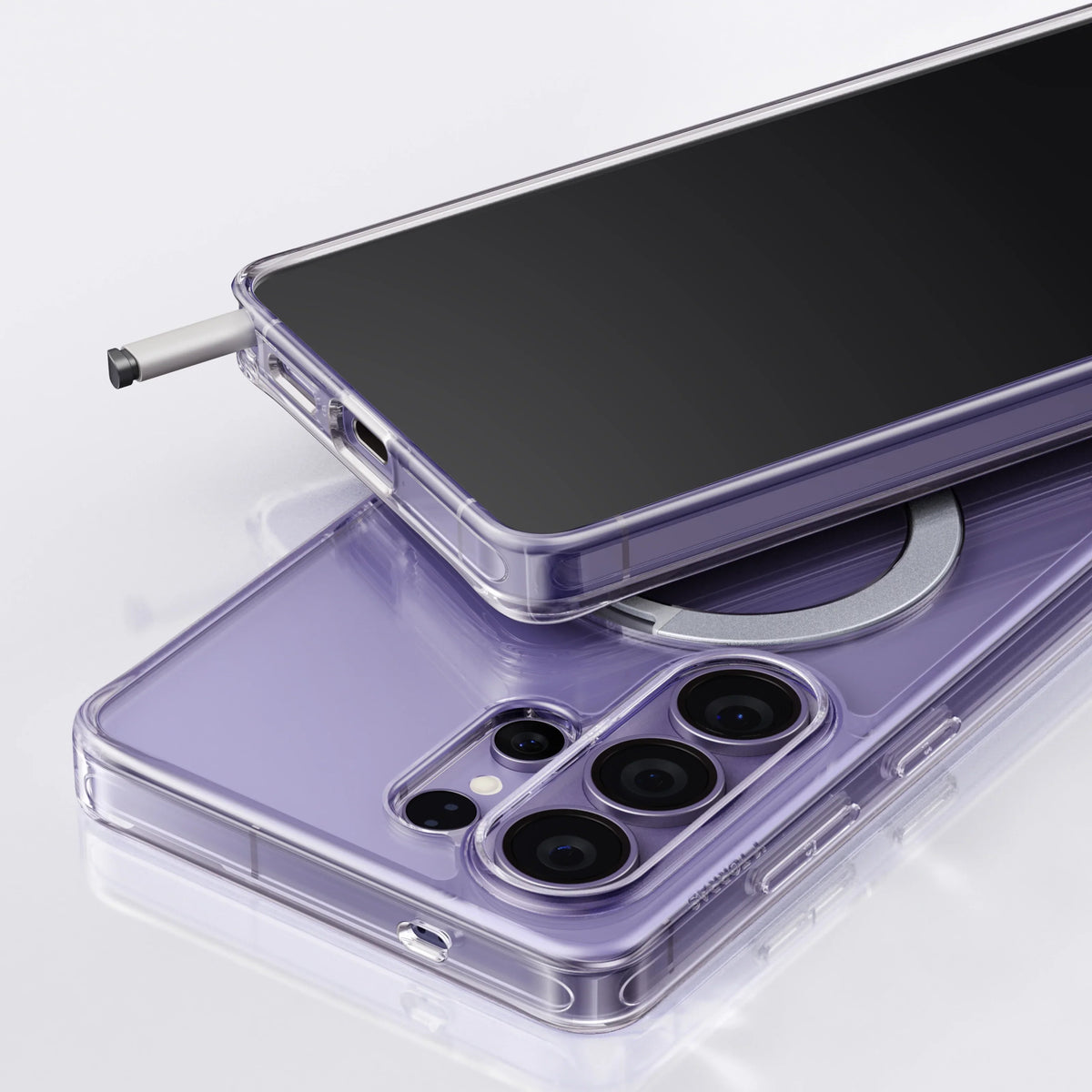 TORRAS Ostand Q3 Spin clear purple case for Samsung S26 Series with 360° magnetic stand.