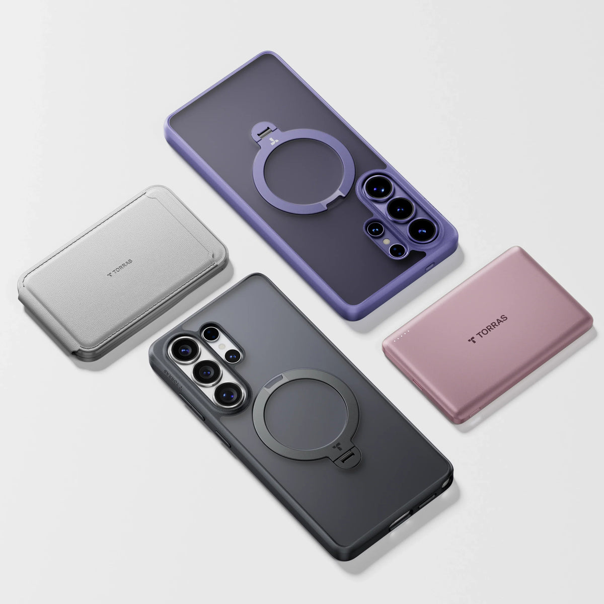 TORRAS Ostand Q3 Spin magnetic ring stand cases for Samsung S26 Series, shown in purple and dark grey with complementary accessories.