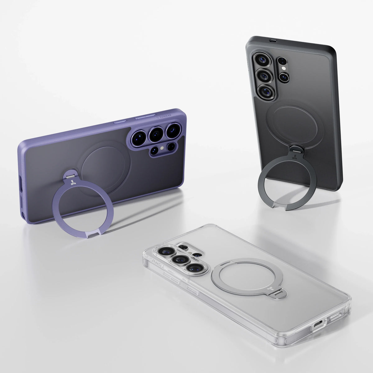 TORRAS Ostand Q3 Spin case for Samsung S26 Series with 360° magnetic ring stand in multiple colors.