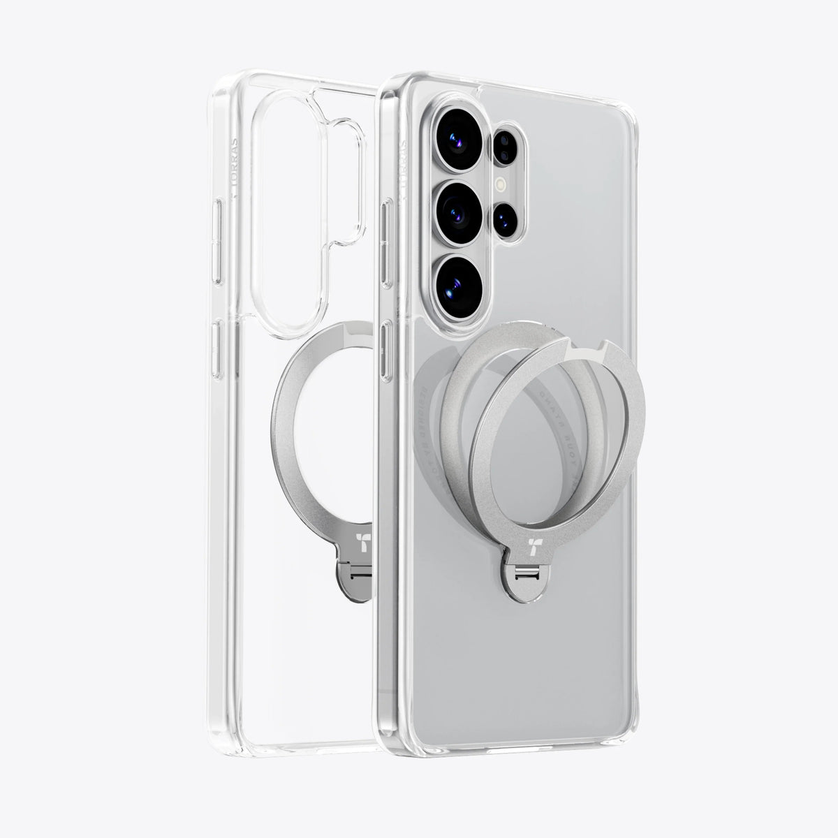 TORRAS Ostand Q3 Spin clear case for Samsung S26 Series, featuring a 360° rotating magnetic stand.