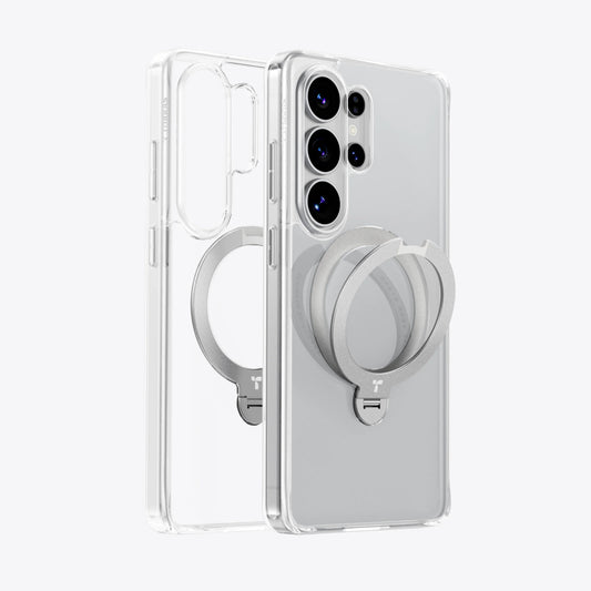 TORRAS Ostand Q3 Spin clear case for Samsung S26 Series, featuring a 360° rotating magnetic stand.