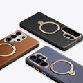 TORRAS Ostand Q3 VegSkin cases for Samsung S26 Series: brown, black, purple with gold magnetic stand.