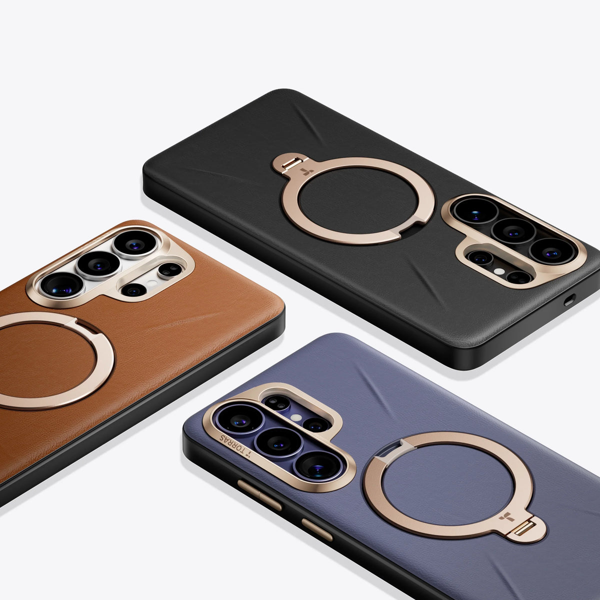 TORRAS Ostand Q3 VegSkin cases for Samsung S26 Series: brown, black, purple with gold magnetic stand.