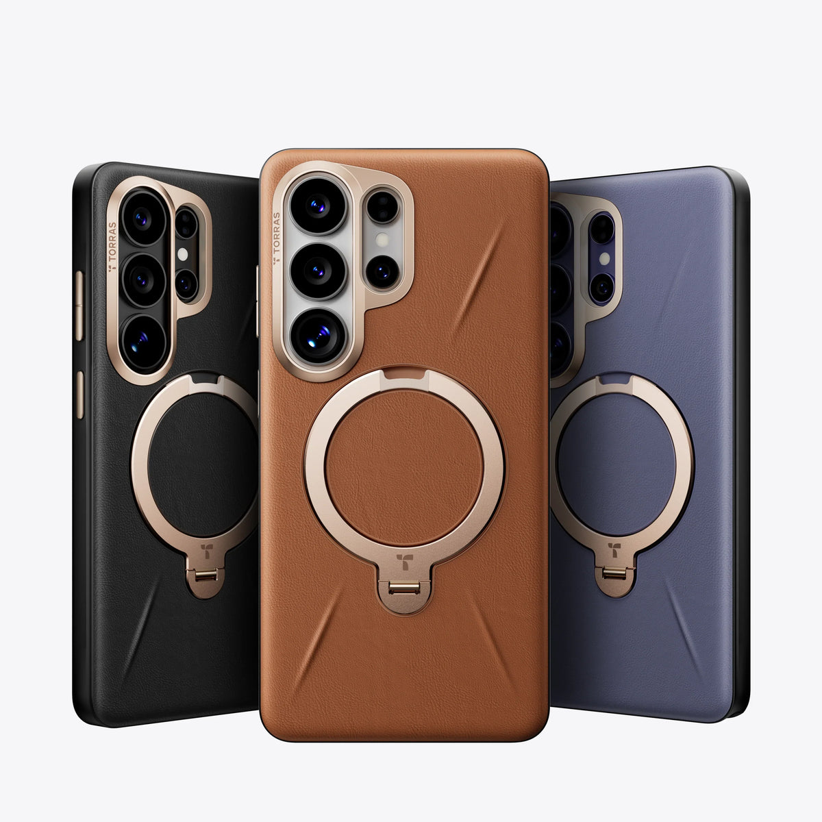 TORRAS Ostand Q3 VegSkin Samsung S26 case in black, brown, purple with ring stand feature.