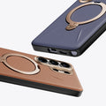 TORRAS Ostand Q3 VegSkin cases for Samsung S26 Series: blue & tan with rose gold ring stand.