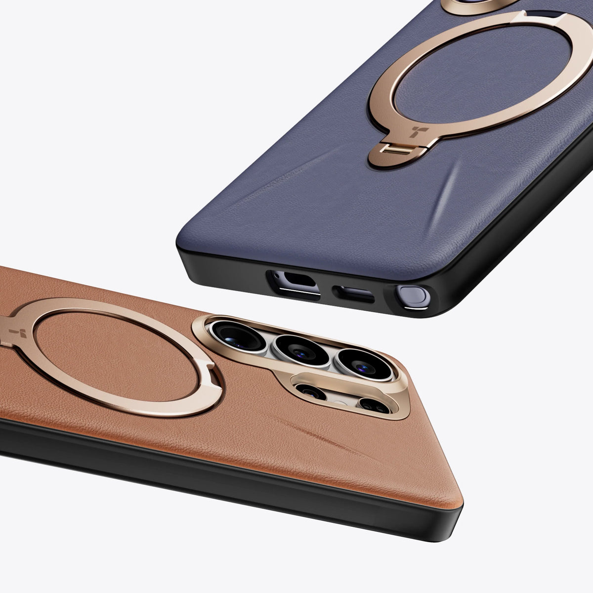 TORRAS Ostand Q3 VegSkin cases for Samsung S26 Series: blue & tan with rose gold ring stand.