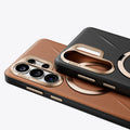 TORRAS Ostand Q3 VegSkin case for Samsung S26 Series, textured vegan leather, gold magnetic stand.
