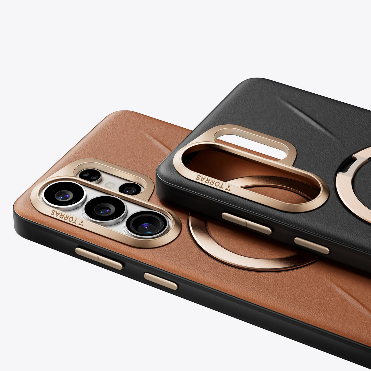 TORRAS Ostand Q3 VegSkin case for Samsung S26 Series, textured vegan leather, gold magnetic stand.