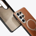 TORRAS Ostand Q3 VegSkin phone case: brown textured leather, gold ring stand for Samsung S26.