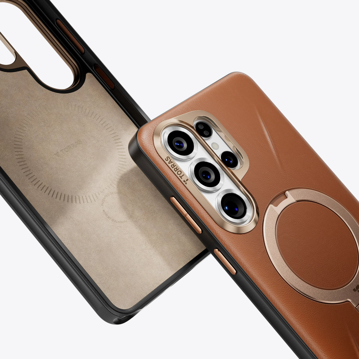 TORRAS Ostand Q3 VegSkin phone case: brown textured leather, gold ring stand for Samsung S26.