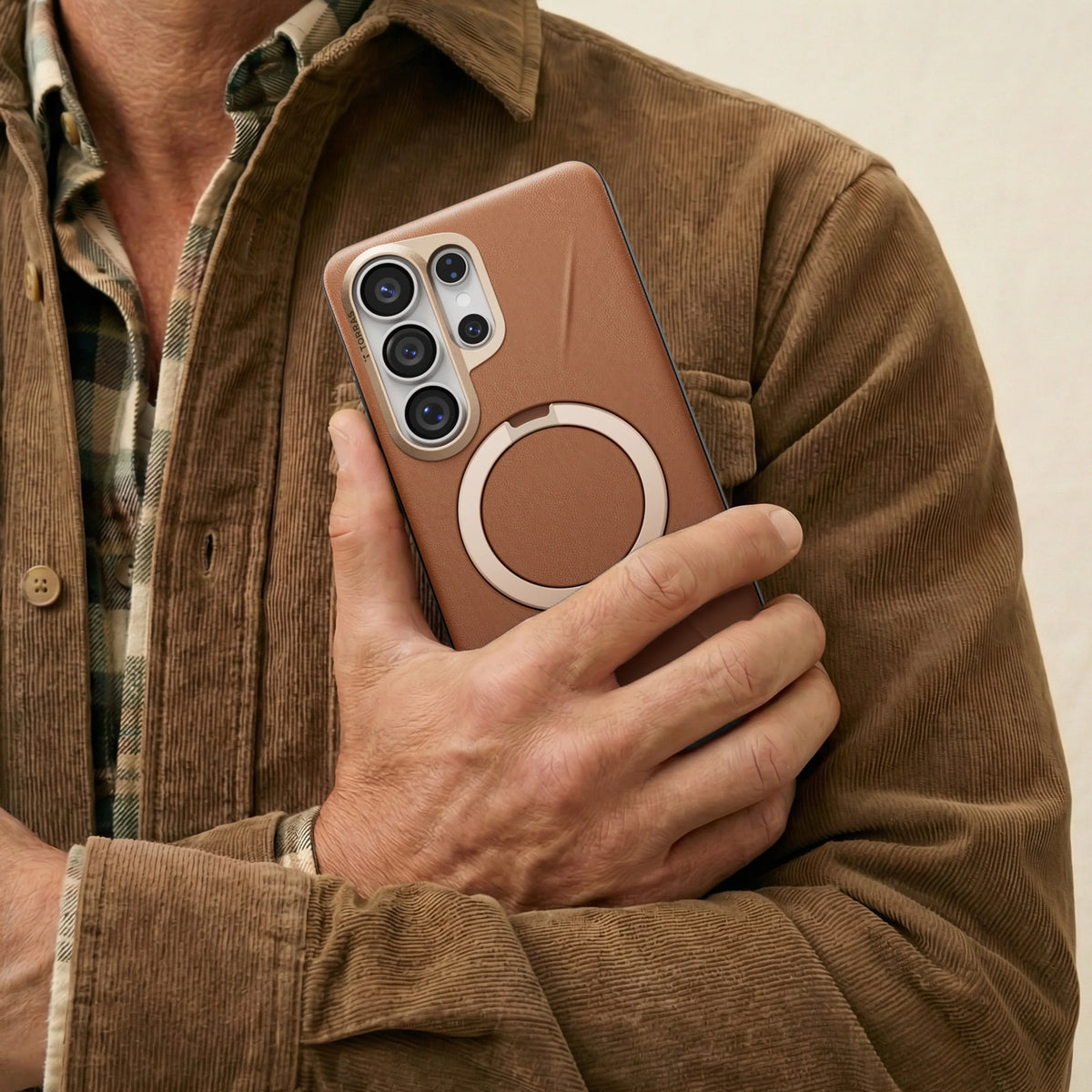 TORRAS Ostand Q3 VegSkin brown Samsung S26 Series case with magnetic ring & logo.