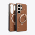 TORRAS Ostand Q3 VegSkin case for Samsung S26: Textured brown leather, gold ring stand.