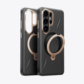 TORRAS Ostand Q3 VegSkin phone case in black with gold magnetic ring stand for Samsung S26 Series.