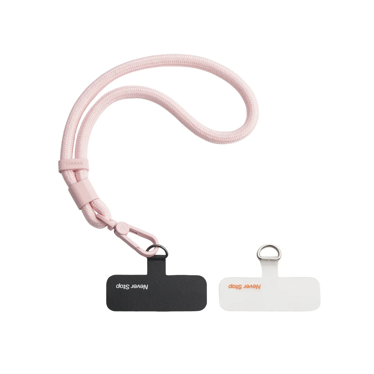 TORRAS pink braided LoopGo Flex phone lanyard with 'Never Stop' tabs