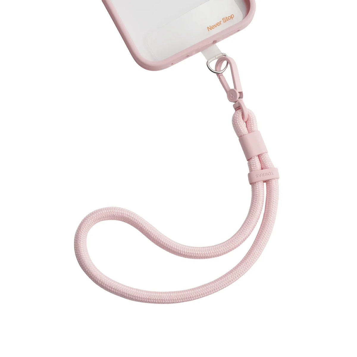 TORRAS pink LoopGo Flex wrist phone lanyard with braided rope and zinc alloy clasp.