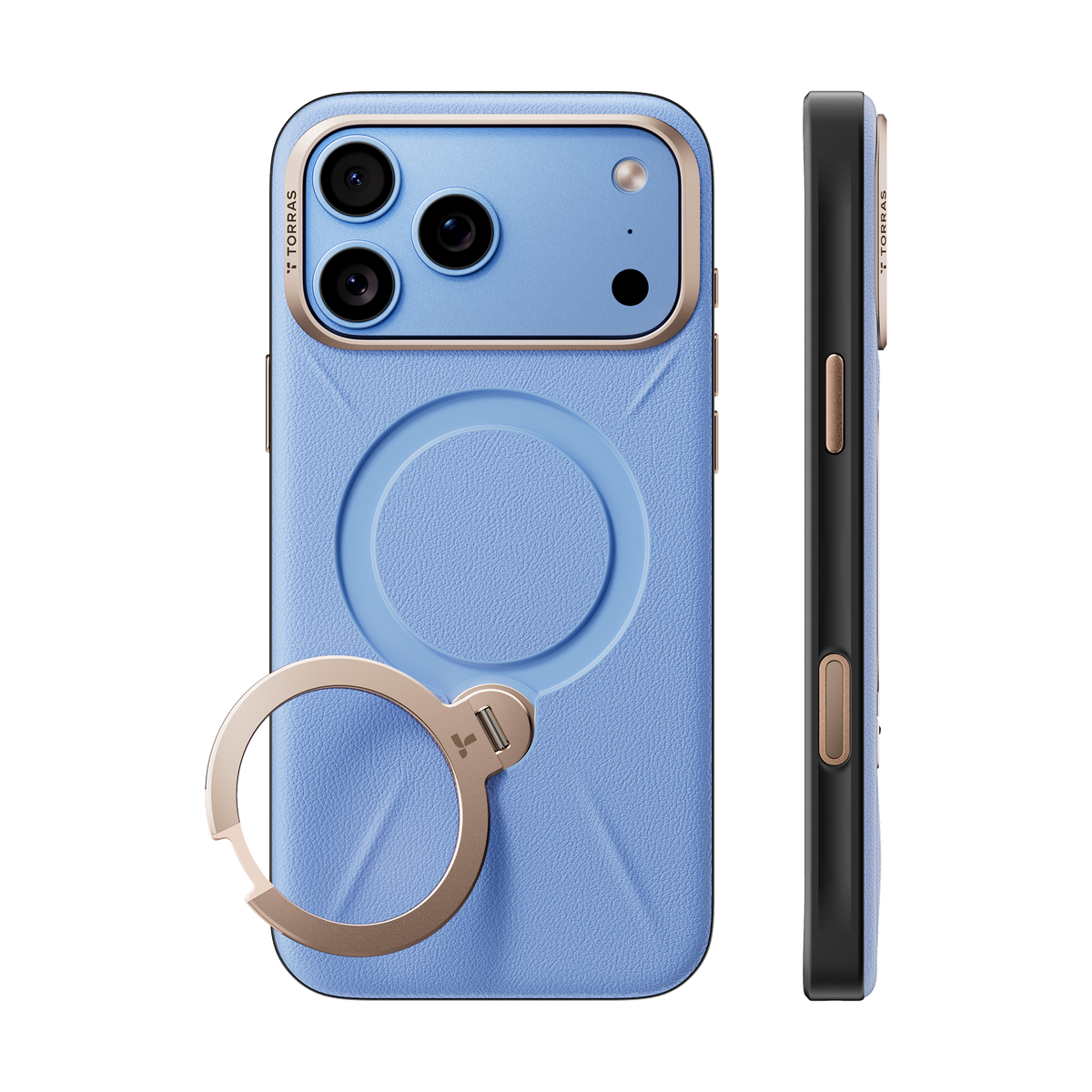 TORRAS Ostand Q3 VegSkin case for iPhone 18 Pro/Pro Max in powder blue with a gold ring stand