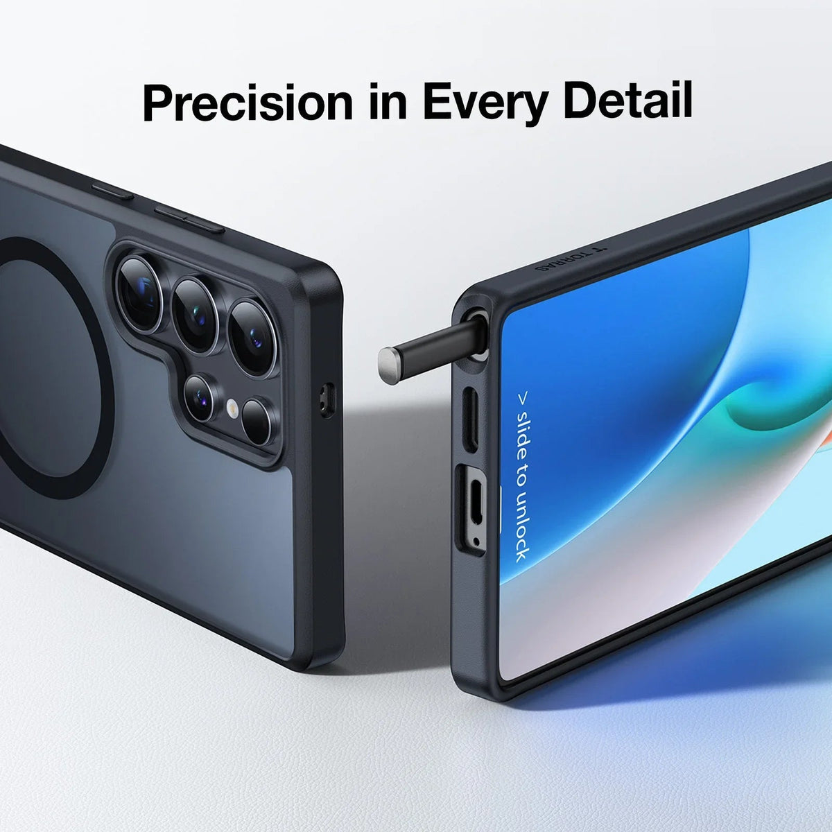 Sleek TORRAS Ostand L1 case for Samsung S25 Plus with magnetic ring and stylus holder.