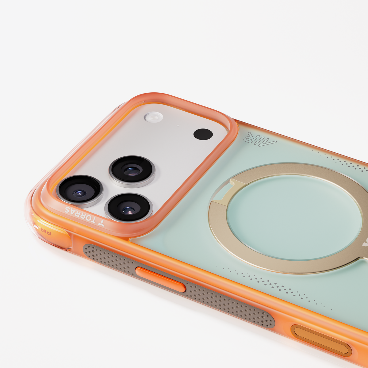 TORRAS Ostand Q3 Air iPhone 17 Pro case in orange and mint with magnetic stand