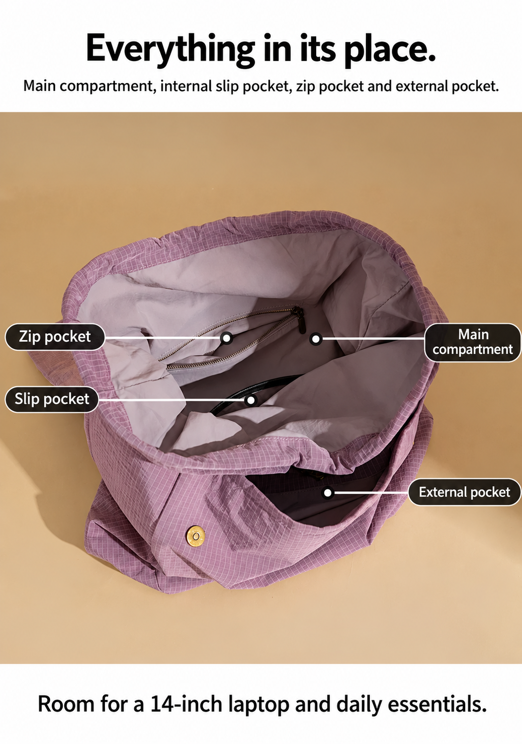 COROBALL backpack compartments with English pocket labels