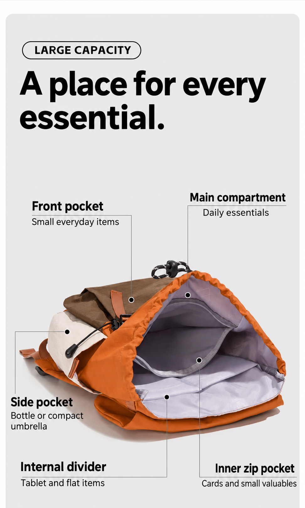 JEEP backpack compartments with English pocket labels