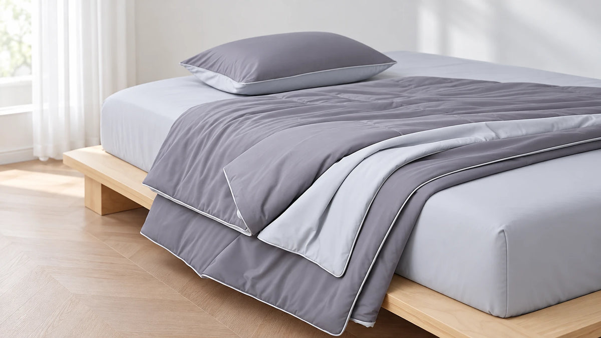 Roasted Coconut cooling summer quilt styled on a bed; pillows and sheets not included