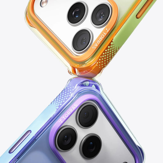TORRAS Ostand O3 Air Bios iPhone 17 Pro case: clear with gradient orange/green & purple/blue accents.
