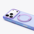 Clear TORRAS Ostand O3 Air Bios case for iPhone 17 Pro with purple ring kickstand.