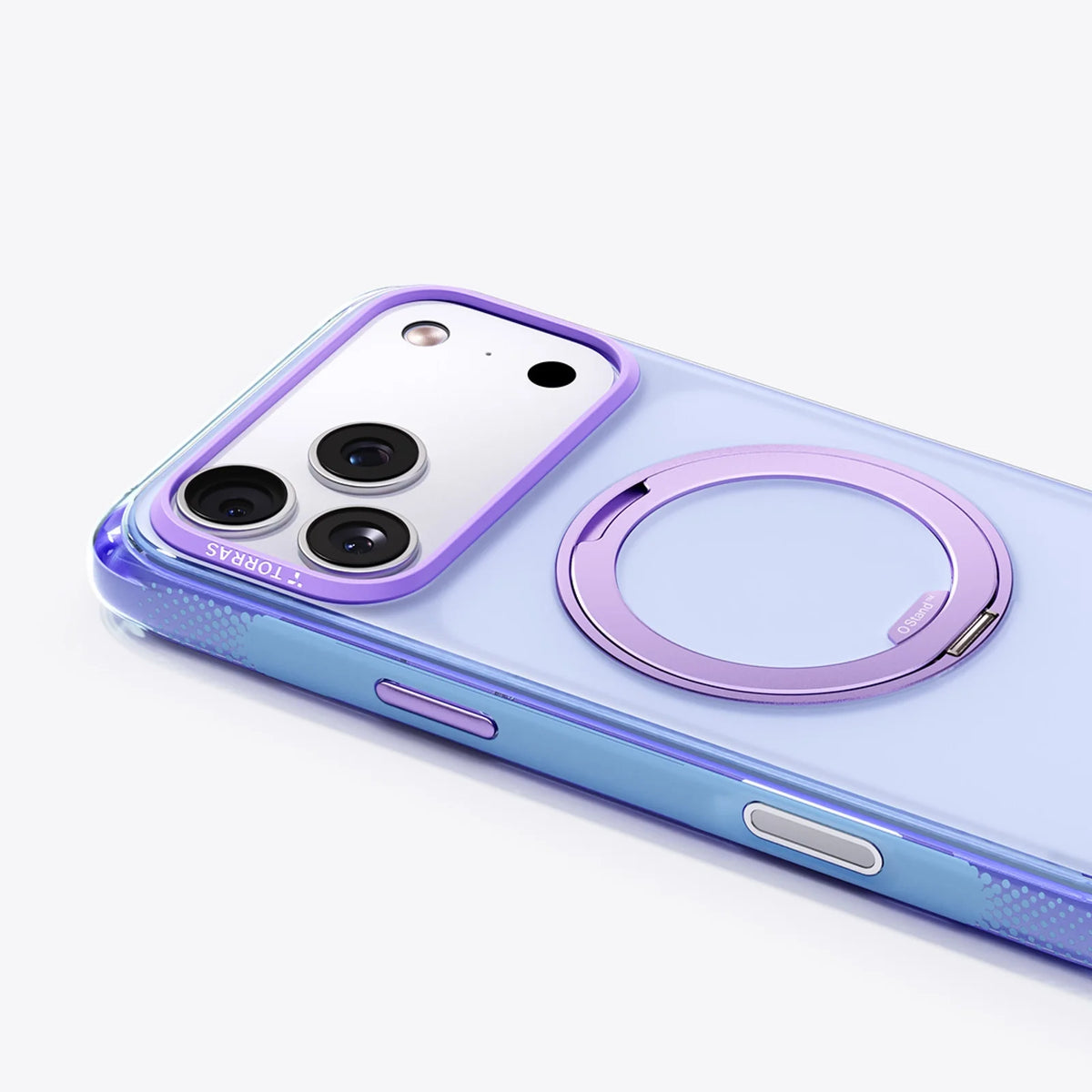 Clear TORRAS Ostand O3 Air Bios case for iPhone 17 Pro Max with purple ring kickstand.