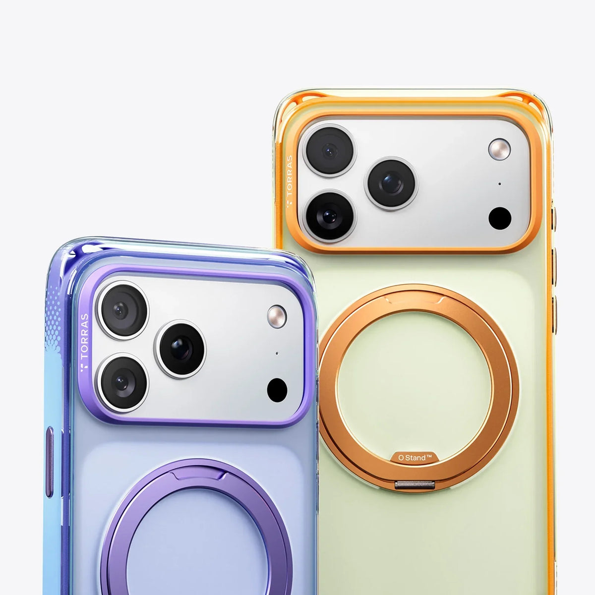 TORRAS Ostand O3 Air Bios for iPhone 17 Pro Max: purple & orange cases with ring stands.