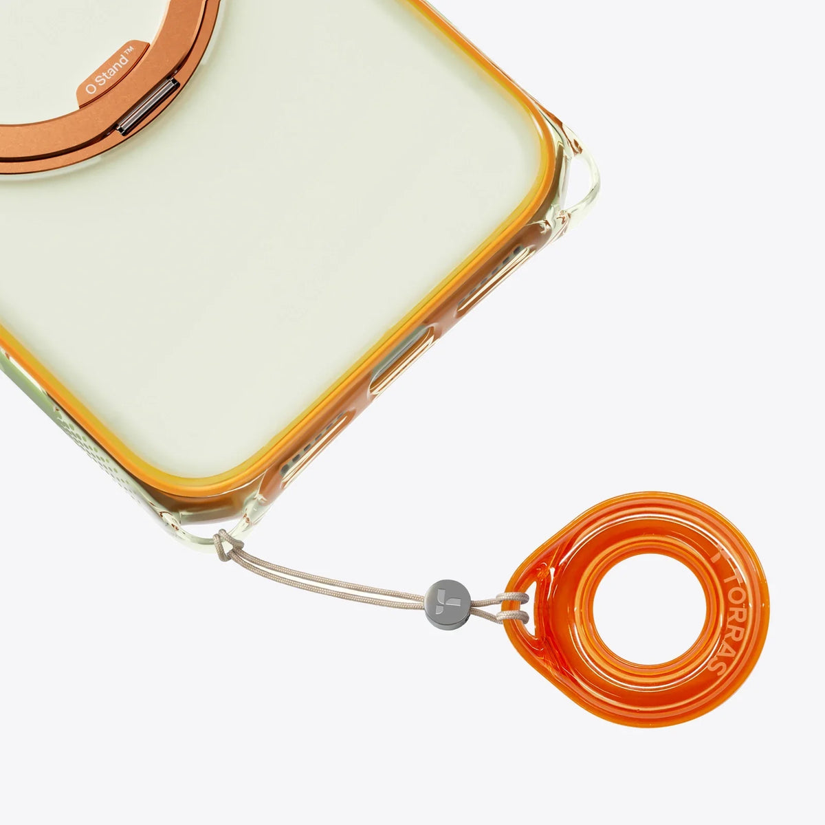 TORRAS Ostand O3 Air Bios iPhone 17 Pro case, clear with orange frame, magnetic stand, and lanyard.