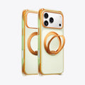 TORRAS Ostand O3 Air Bios case for iPhone 17 Pro, clear with gold ring stand and green/orange accents.