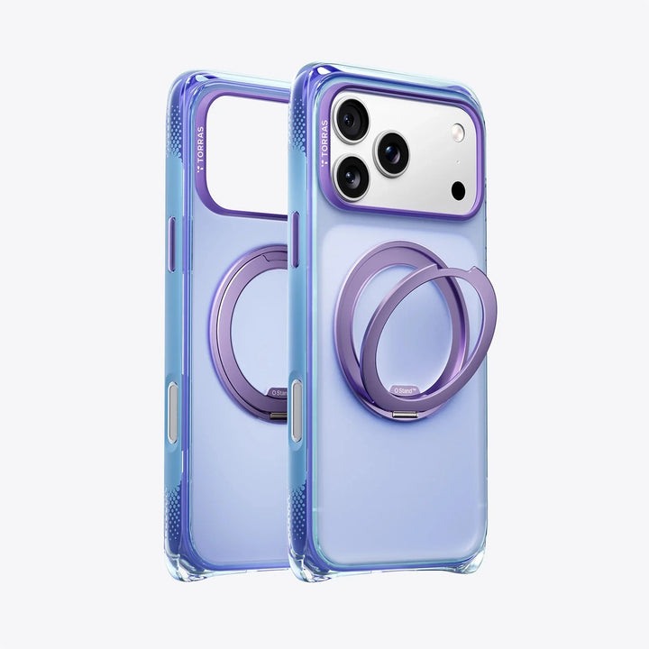 TORRAS Ostand O3 Air Bios iPhone 17 Pro Max case with integrated purple ring stand.